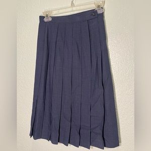 Vintage ‘80’s Japanese Navy Blue Plaid Wool Pleated Wrap Midi Skirt Size XS